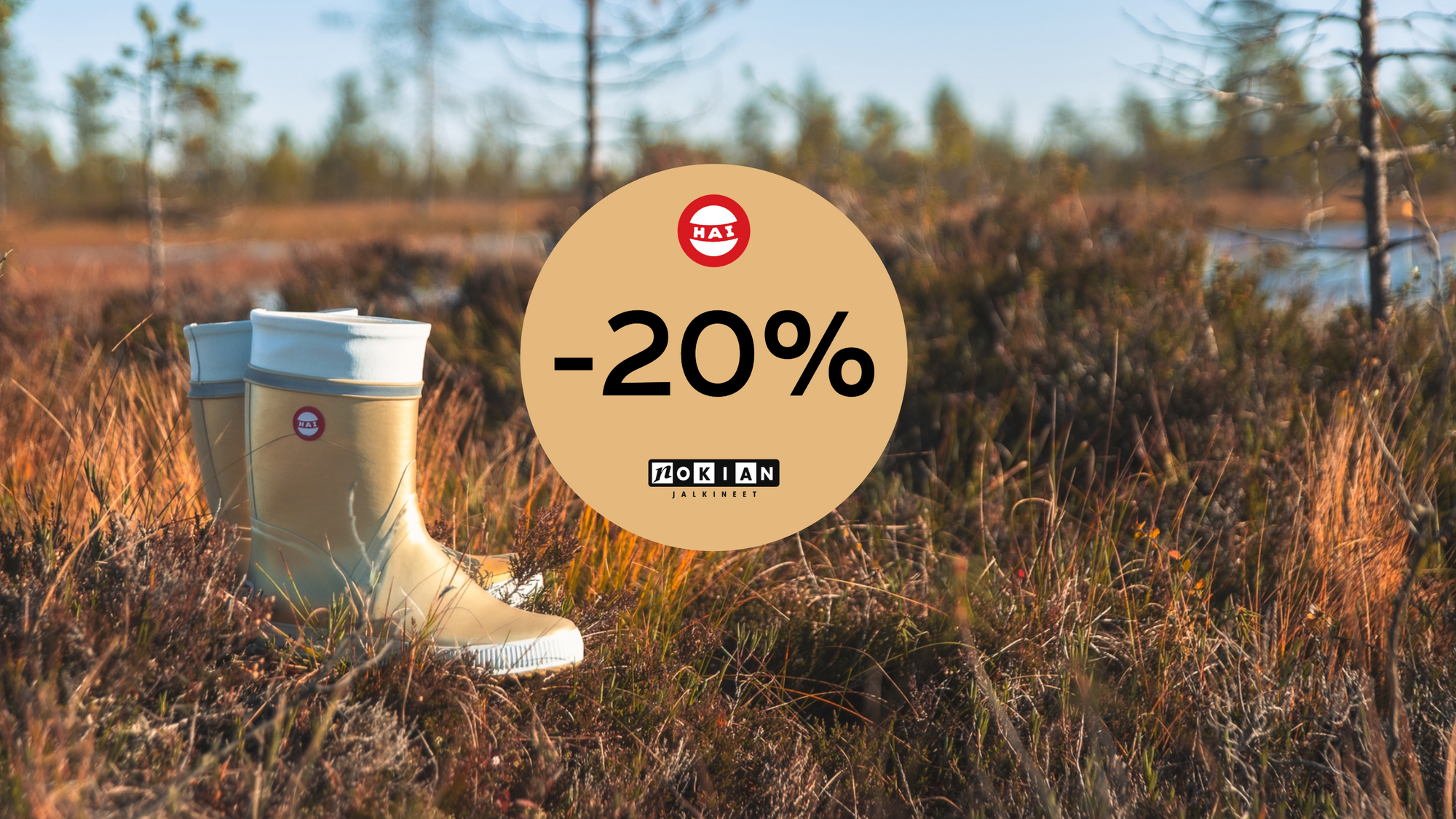 Hai Shiny kultaiset kumisaappaat luonnossa ja -20% kampanjainfo