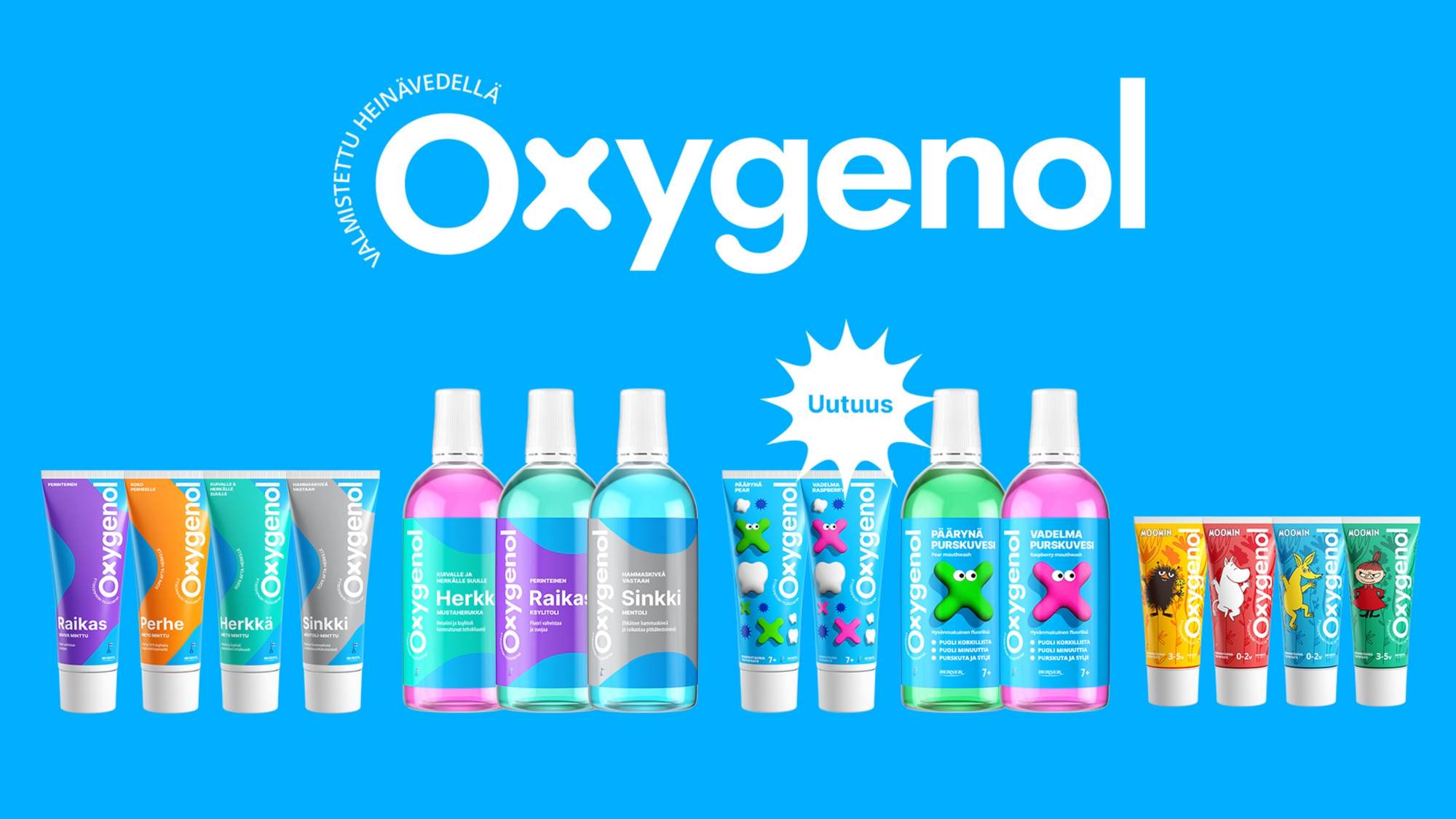 Oxygenol hammastahnat ja suuvedet sinisellä taustalla