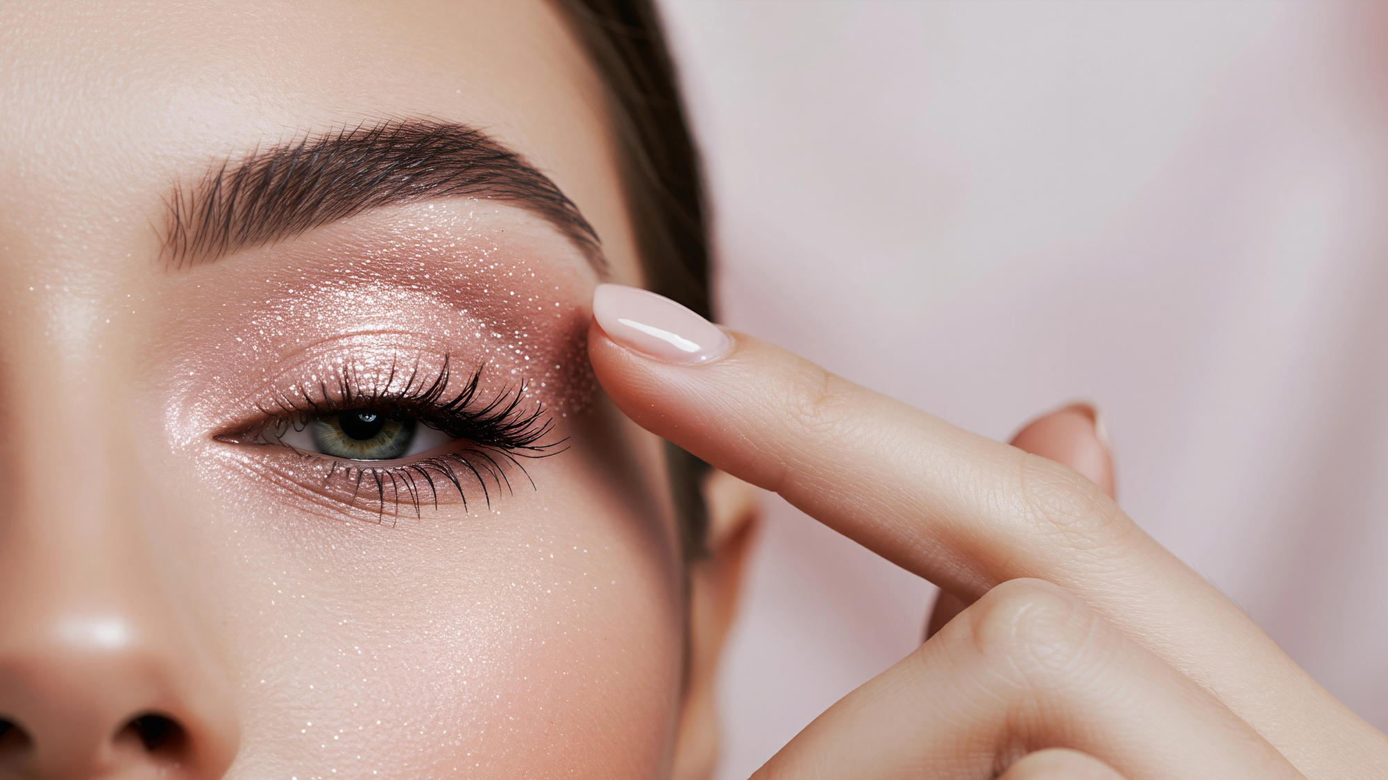 Lähikuva naisen meikatusta silmästä, jossa vaaleaa kimaltelevaa luomiväriä