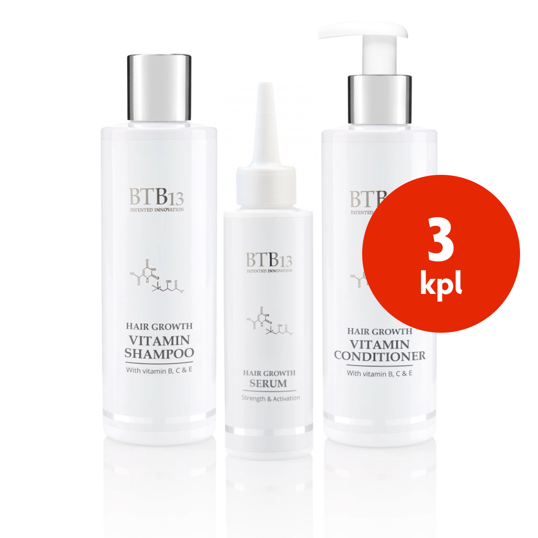 Kolme BTB13 hiustenlähtöön tarkoitettua tuotetta vierekkäin shampoo, hoitoaine ja seerumi