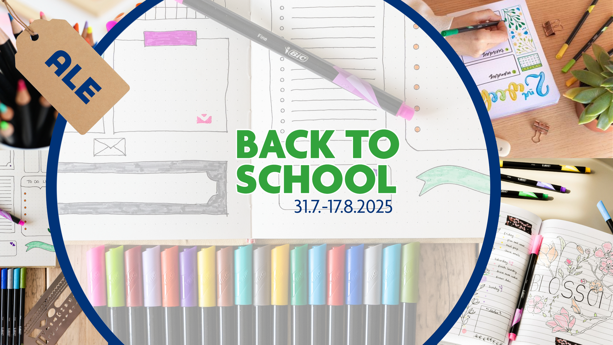 Värikkäitä kyniä ja back to school kampanjan teksti ja ajankohta