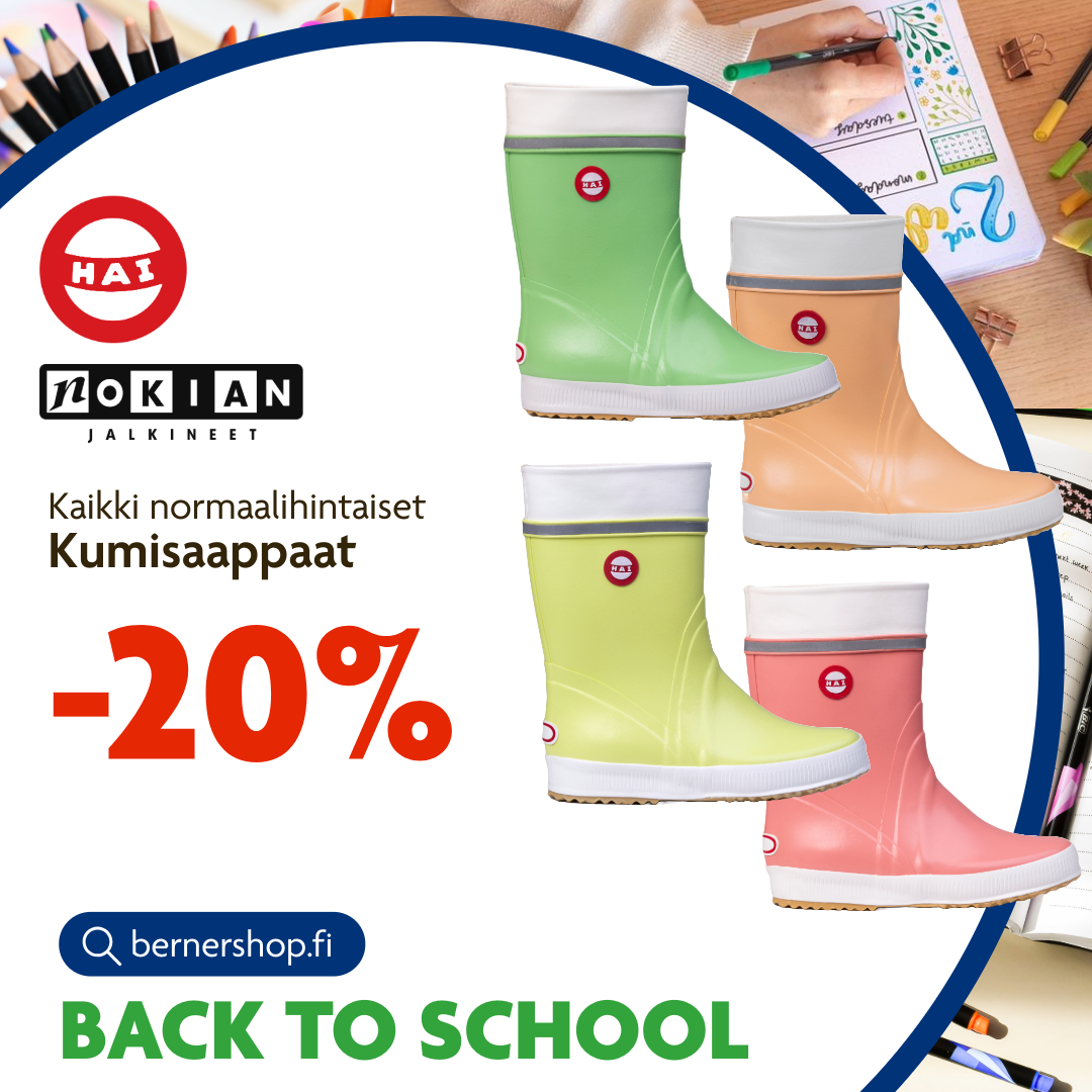 Värikkäitä kumisaappaita kampanjatekstin kanssa